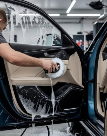 washing his car in a garage